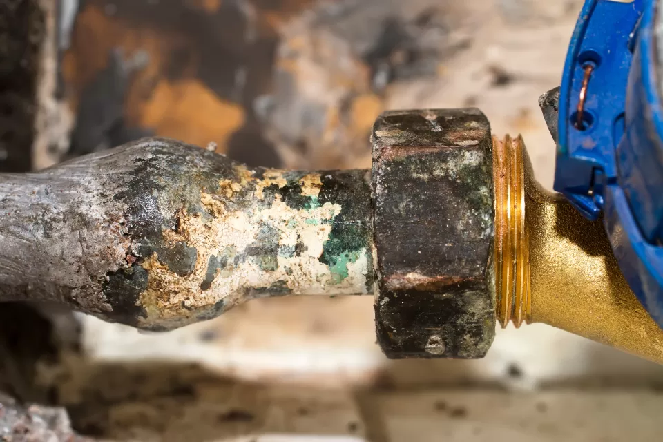 Close-up of lead water pipe with mineral crusts